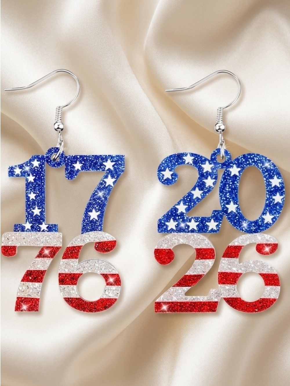 Blue White Red Glitter Number Earrings - 1776 & 2026 - Independence Day